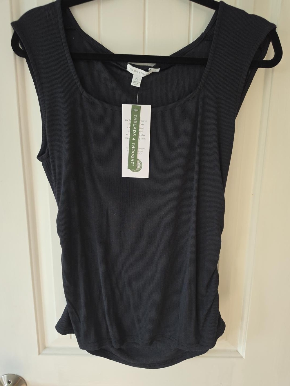 NWT Threads 4 Thought Black Ribbed Ruched Tank Top Women's Large